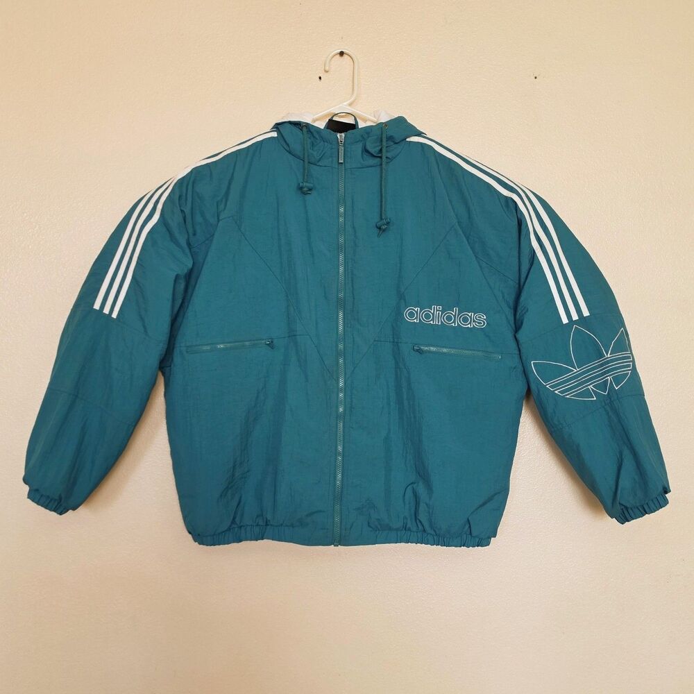 Vintage 90s Adidas XL Hooded Jacket Quilted Zip Streetwear Trefoil 3 Stripe Teal